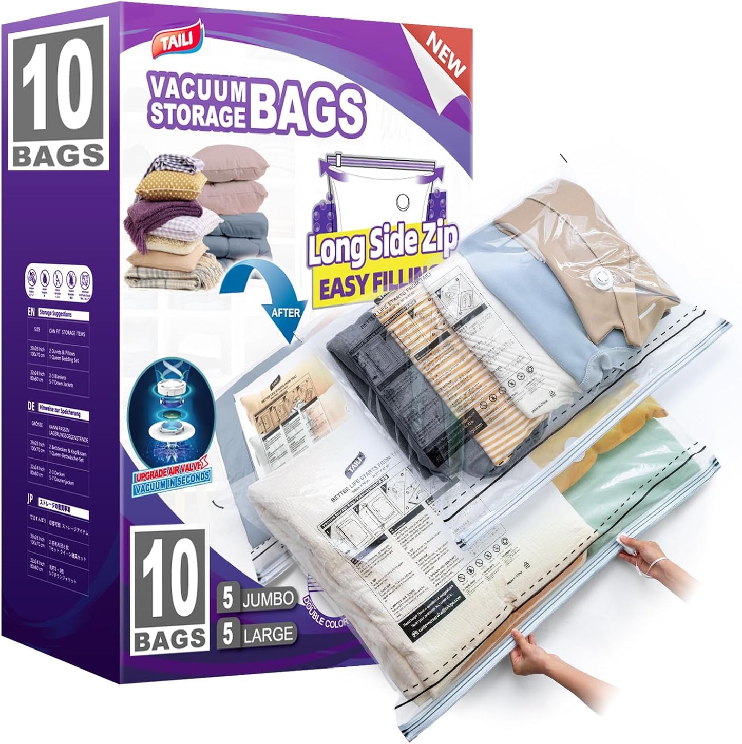 TAILI 10 Pack Vacuum Storage Bags, LONG SIDE ZIP (5 Large+5 Jumbo), Multi-Size Vacuum Seal Bags for Clothing, Storage Bulky Beddings, Comforters and Clothes, Space Saver for Closet Organization