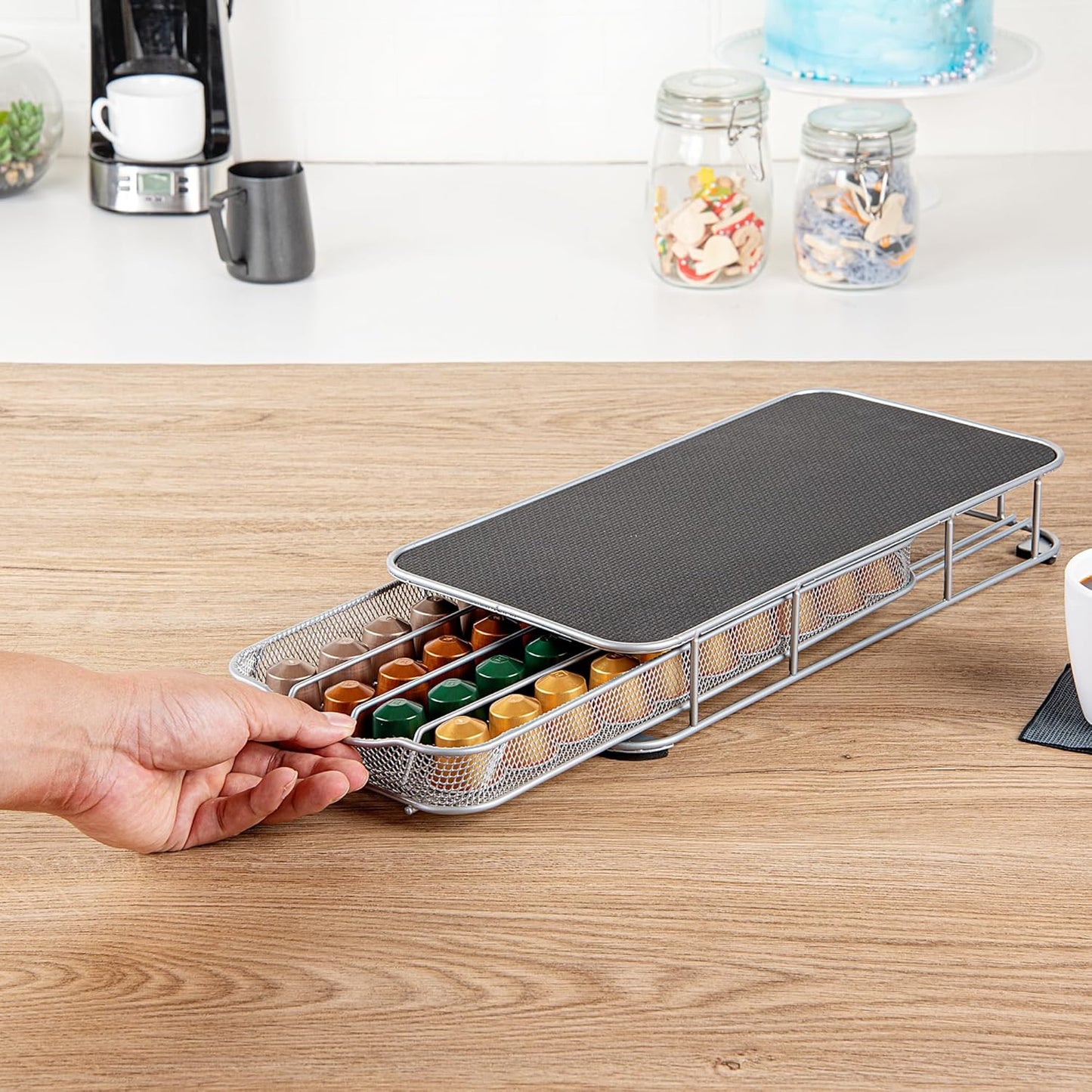 Restaurantware Restpresso 14.8 x 7.3 x 2.4 Inch Coffee Capsule Drawer 1 Heavy-Duty Pod Drawer - Holds 40 Nespresso Capsules Grip Top Iron Espresso Pod Organizer Mesh Tray Pods Not Included