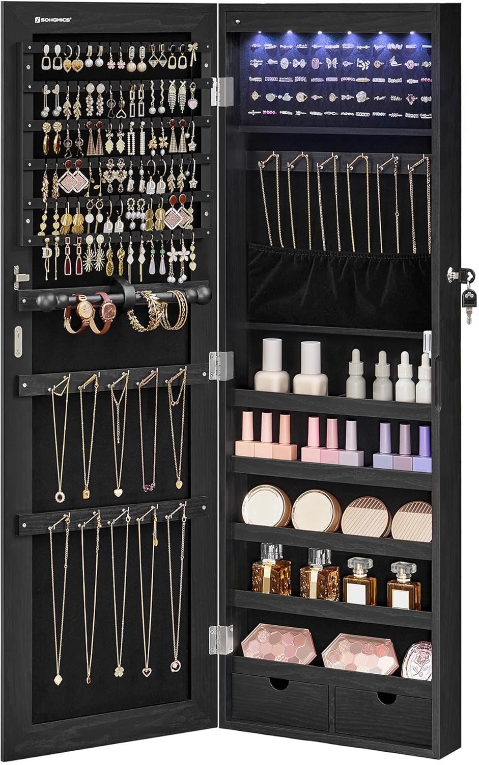 SONGMICS Hanging Jewelry Cabinet, Wall-Mounted Cabinet with LED Interior Lights, Door-Mounted Jewelry Organizer, Full-Length Mirror, Christmas Gift Idea, Ink Black UJJC099B01
