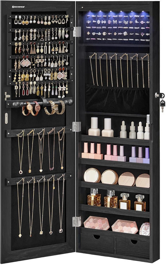 SONGMICS Hanging Jewelry Cabinet, Wall-Mounted Cabinet with LED Interior Lights, Door-Mounted Jewelry Organizer, Full-Length Mirror, Christmas Gift Idea, Ink Black UJJC099B01