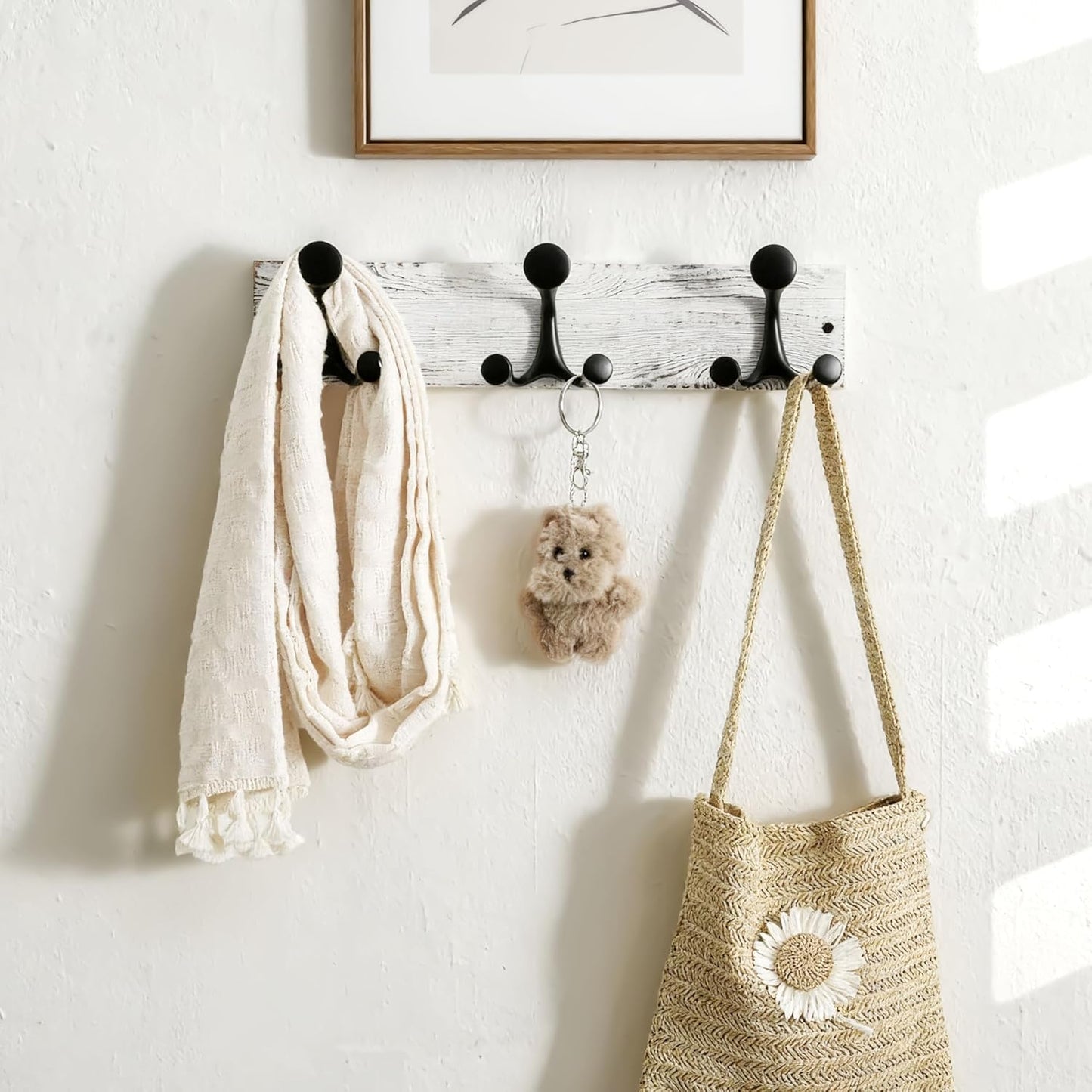 SKOLOO 17-Inch Wood Coat Rack Wall Mount with 3 Triple Hooks - Ideal for Family Entrances, Classrooms, and Pet Supplies Storage - Perfect Coat Hooks for Wall,Distressed White Wash, Pack of 2