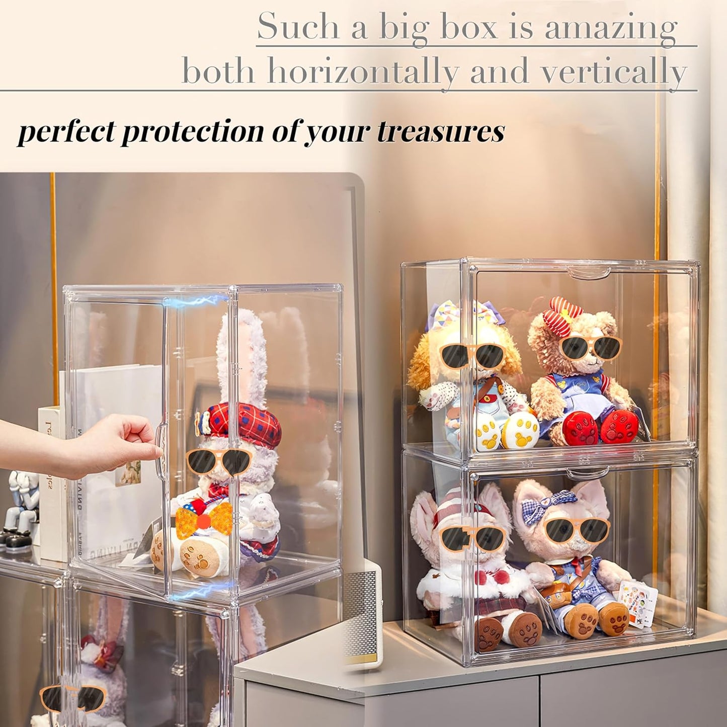 Attelite XXX-Large Clear Display Case Stackable Plastic Storage Bins with Lid, 2 Tiers Boot Shoe Box Organizers with an Adjustable Divider, Big Acrylic Display Storage Box with Magnetic Door