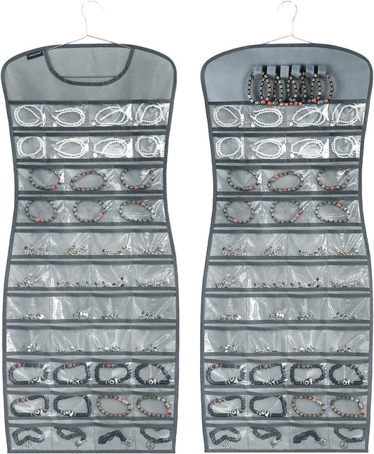 Hanging Jewelry Organizer Dual Sided 84 Clear Pockets and 6 Hook Loops Storage for Holding Jewelries Hair Accessories Dress Shaped Earring Holder (84 Pockets and 6 Hook Loops -Grey)