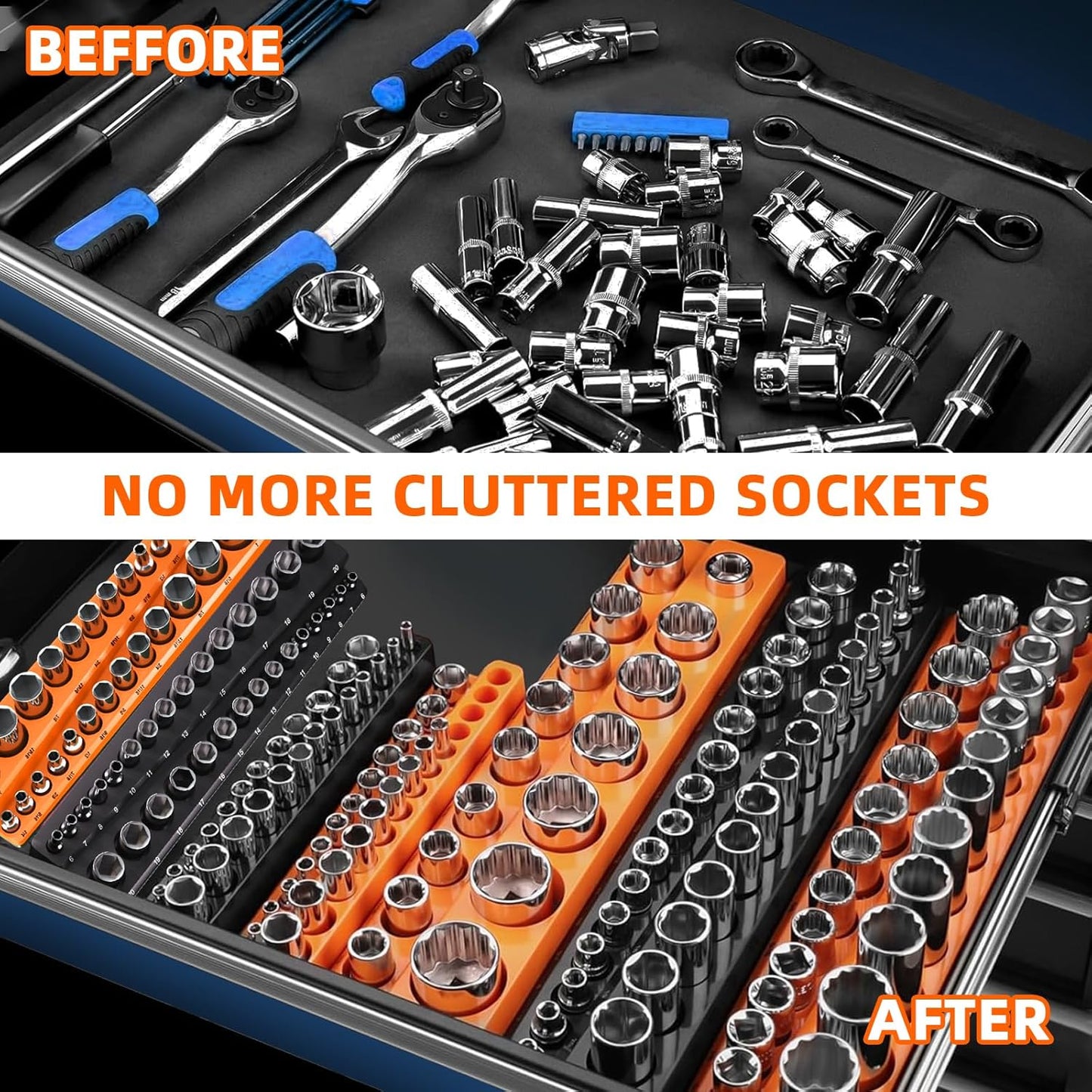 Magnetic Socket Organizer Holder Set – 8-Piece Tool Organizers Including 1/4", 3/8" and 1/2" Drive Socket Holder Metric & SAE 207 Pieces Socket Trays (Sockets are not Included)