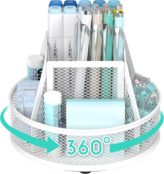 YINGHUA Metal Mesh Desk Organizer with 5 Compartments and Rotating Pencil Holder Pen and Stationery Organizer for Office Home School Anti Slip Base White