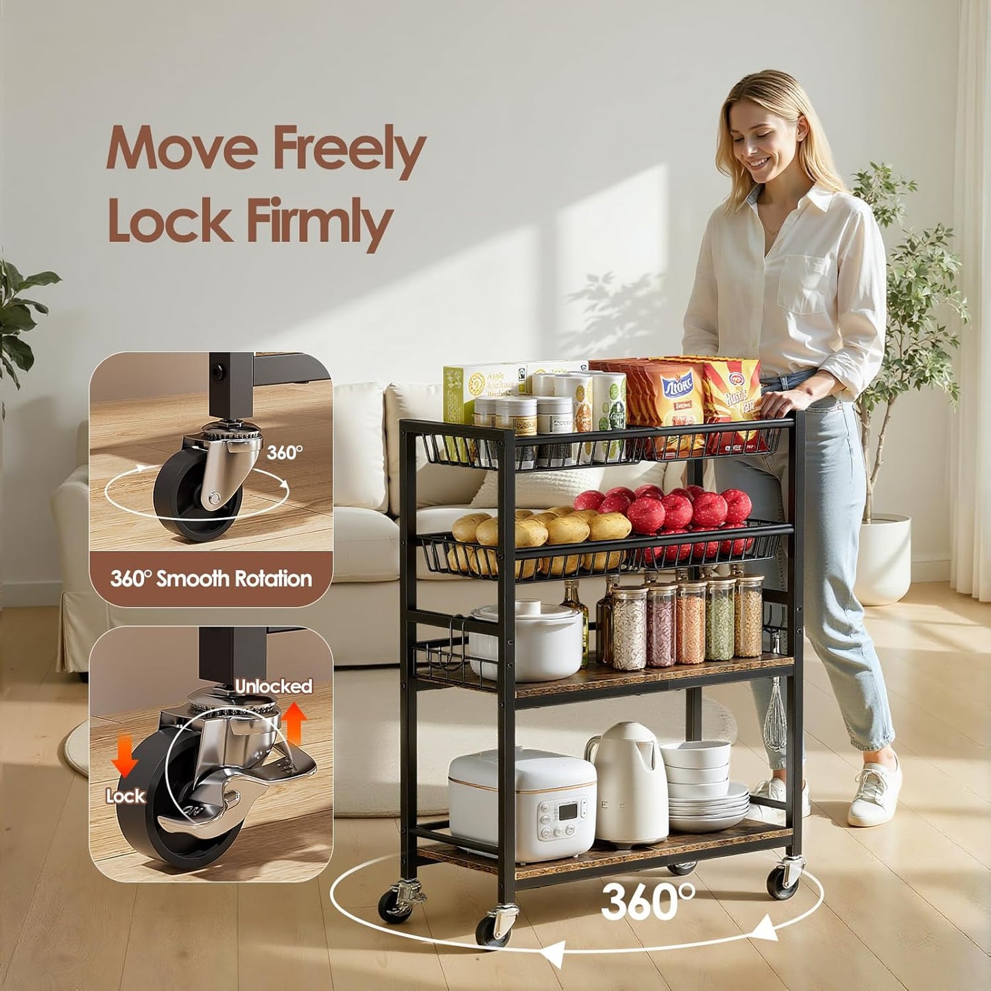Kitchen Storage Cart, 4 Tier Utility Rolling Snack Cart, Fruit & Vegetables Basket Stand, Pantry Storage with 4 Detachable Mesh Basket for Kitchen, Bathroom, Living Room, Office, Balcony, Black