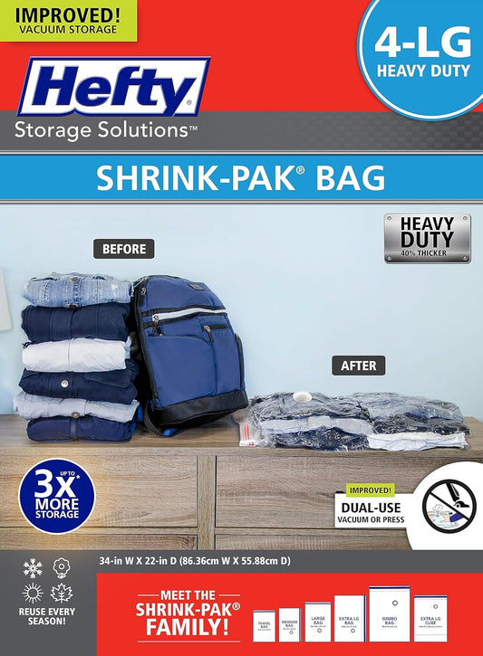 Hefty Vacuum Bags for Clothes 4 Pack, Space Saving Large Vacuum Storage Bags (34 X 22 Inches) Compression Seal for Bedding, Travel Pump Included (4 Large Heavy Duty)