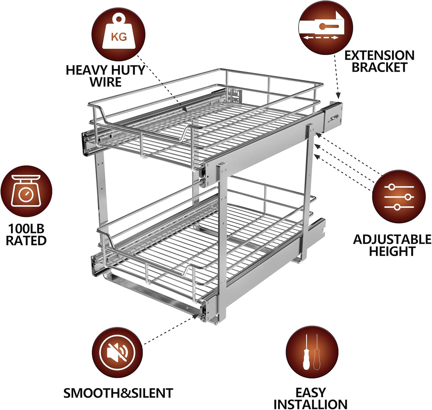 2-Tier Individual Cabinet Pull Out Shelves (9" W x 22" D), Slide Out Kitchen Panty Narrow Cabinet Storage Sliding Shelves
