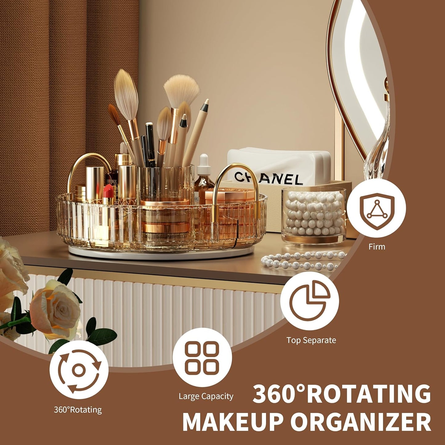 YCIA&DONE Rotating Makeup Organizer for Vanity, Large Capacity Make Up Storage Skin care Shelf Perfume Holders Cosmetic Dresser Organizer Countertop Spinning 360 (Amber Gold, 1Tier)