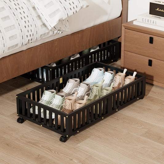 Bamboo Under Bed Storage with Wheels,Rolling Underbed Shoe Organizer Box for Shoes,Blankets,Toys,Clothes Container Space-Saving Bins for Bedroom,Closet,Dorm,Nursery
