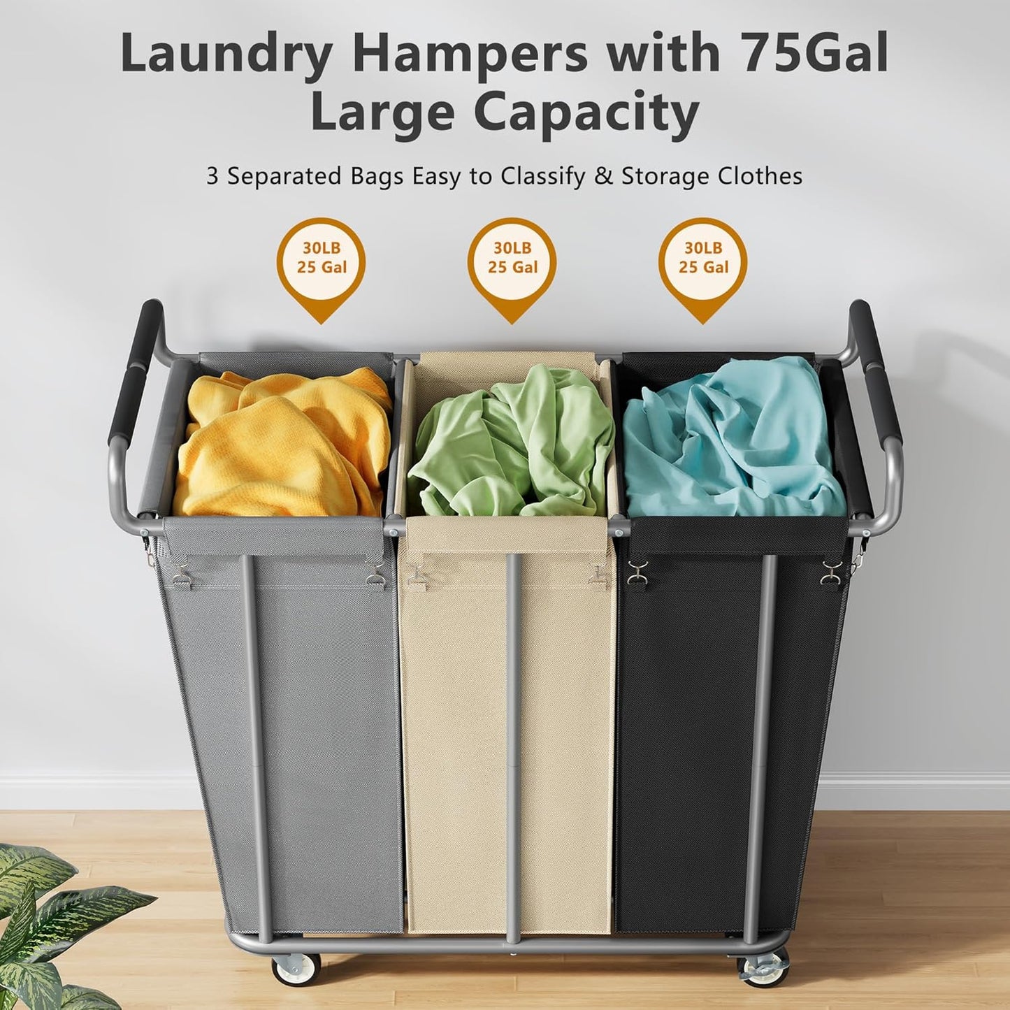 Large laundry hamper with Wheels, 360L 3 Bag Big Rolling Laundry Hamper Sorter Cart, Extra Large Laundry Clothes Hamper, Heavy Duty Laundry Basket Organizer for Laundry Room,Bathroom,Black