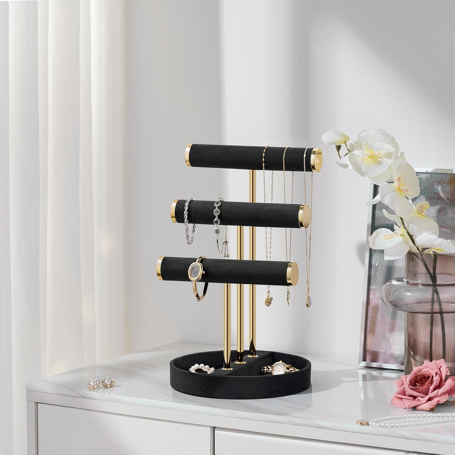 Bracelet Holder Jewelry Organizer Display - 3 Tier T Bar Velvet Stand, Black Necklace Holder Organizer, Bracelet Holder, Earring Holder and Ring Display for Jewelry Organizers and Storage