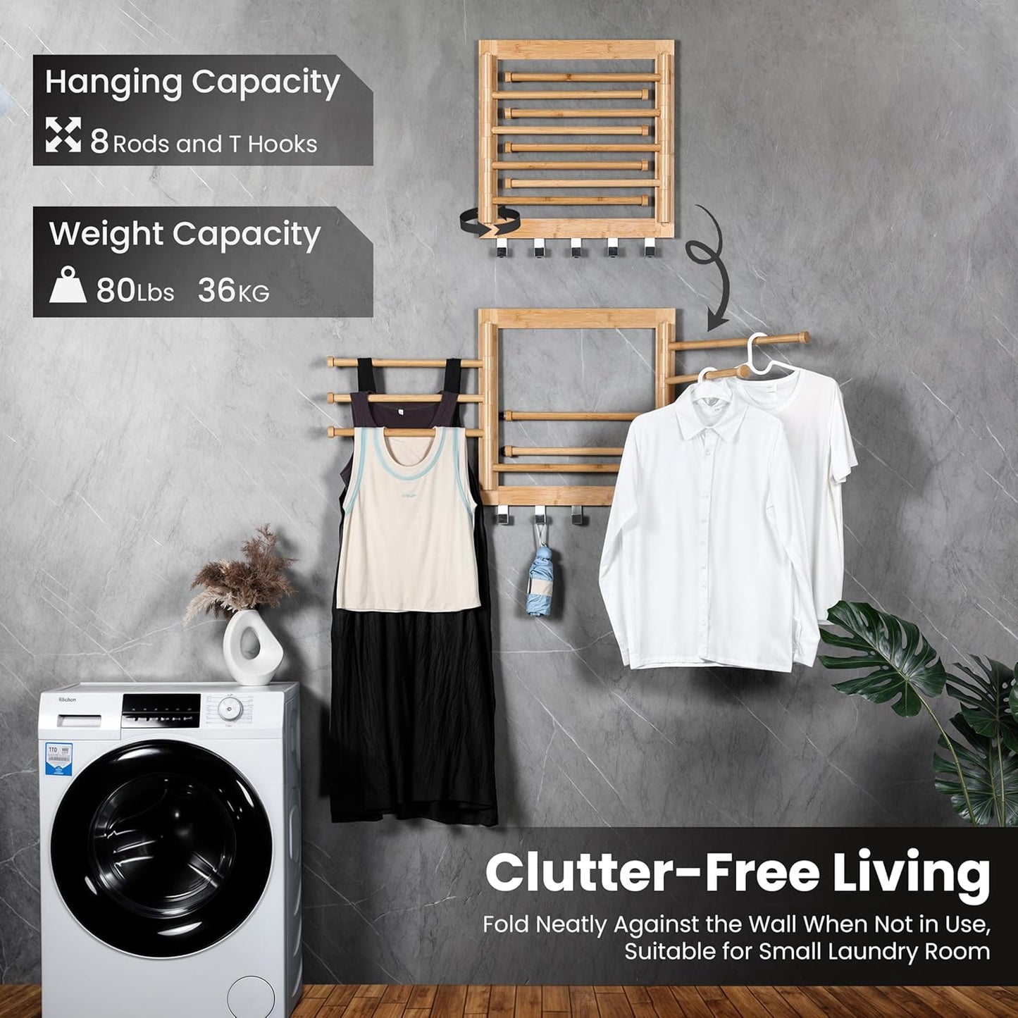 Wall Mounted Drying Rack - Clothes Drying Rack Wall Mounted for Laundry - 20 INCH - with 5 Hooks and 8 arms - 80 lbs Capacity - Natural Bamboo