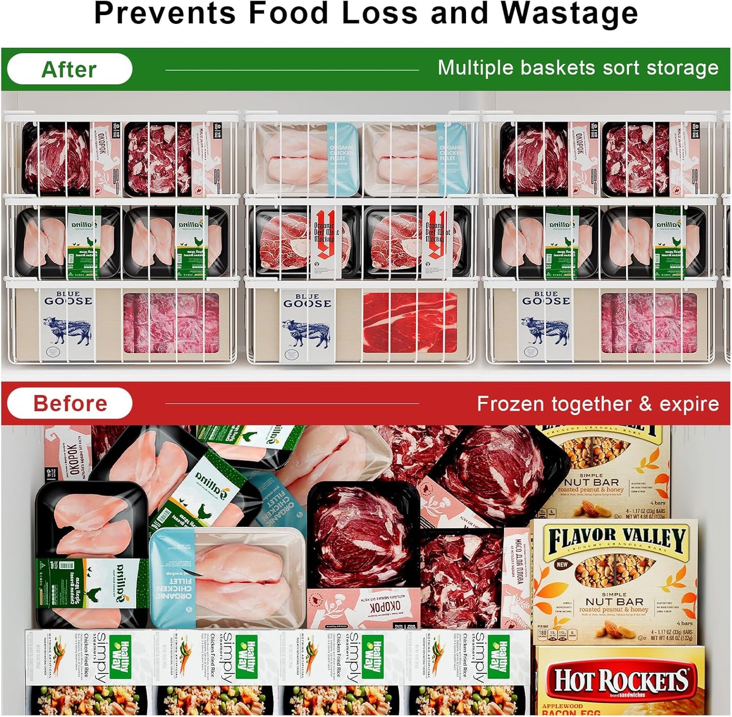 Chest Freezer Organizer Baskets With Tag, Stackable Freezer Organizer Bins for Most 7 Cu.FT Freezer Sort Frozen Meats, White, 4 Pack