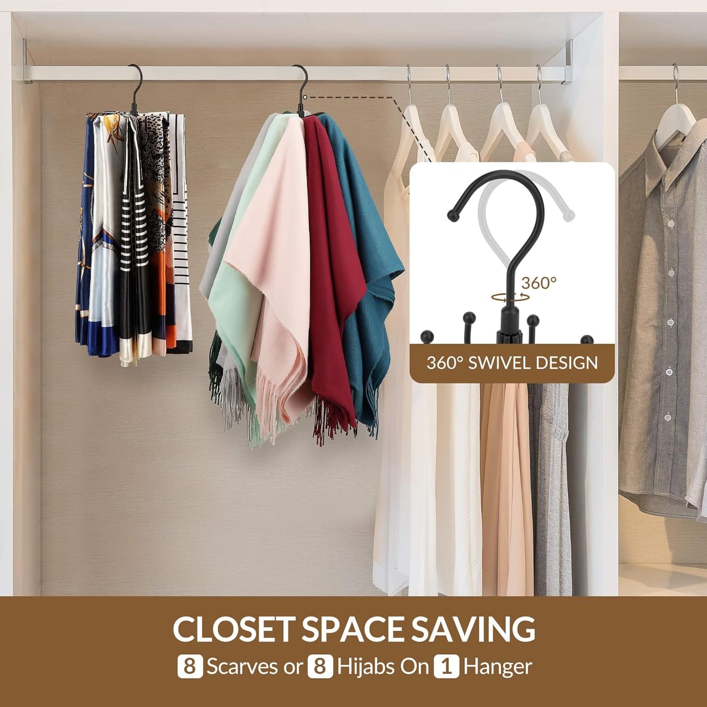 ZEDODIER Scarf Organizer Scarf Hanger for Closet, Rotatable Sturdy Hijab Holder Holds 8 Scarves, Metal Space Saving Closet Organizers and Storage, Black