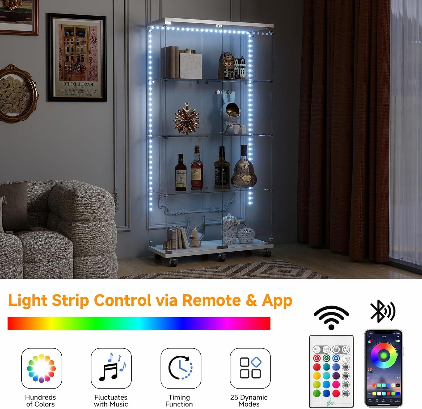 Tempered Glass Display Cabinet with Light Strip, 4-Tier Curio Cabinet with Glass Doors Wheels Locks, Glass Display Case for Collectibles for Living Room, Bedroom, Office, White, Double Door