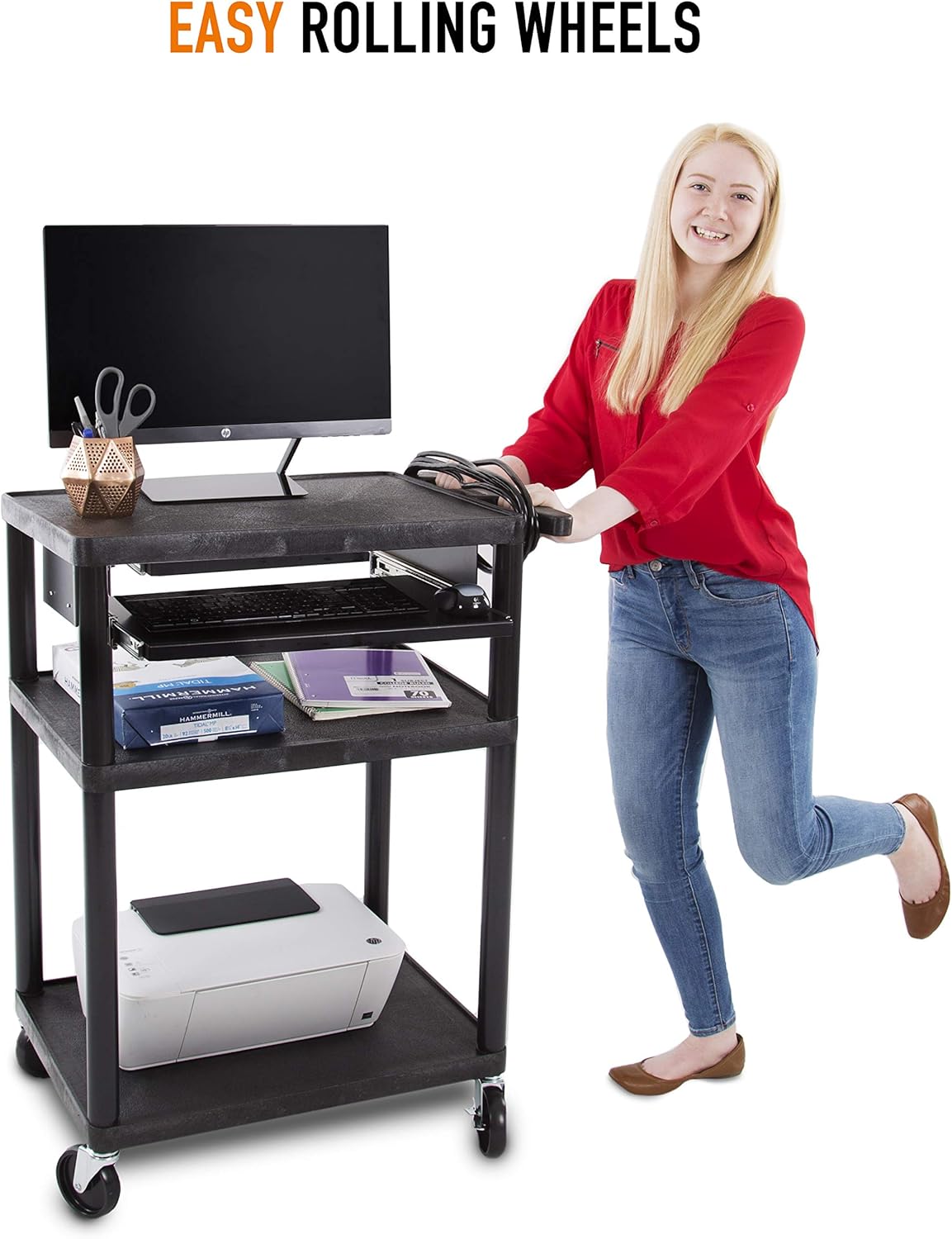 Line Leader Plastic AV Cart with Keyboard Tray, Mobile Workstation with Storage For Offices and Schools, Rolling with 4 Casters, 2 Locking Brakes, Heavy Duty, Holds up to 100 lbs (Black, 24 x 18 x 34)