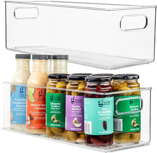 primebox Plastic Food Storage 2 Pack Clear Container Bin with Handles for Organizing Kitchen, Pantry, Fridge, Freezer, Pantry, Bathroom. 14"x6"5"