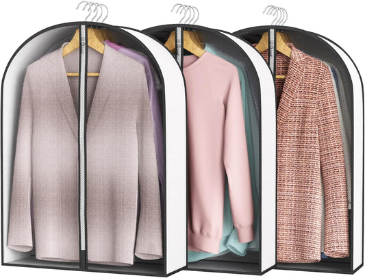 32” Garment Bags for Hanging Clothes 4” Gusseted - with Clear Window, Breathable Fabric, Metal Zipper, Suit Coat Fur Protector for Closet storage, clothes Season Off, Moving, 3 Pack