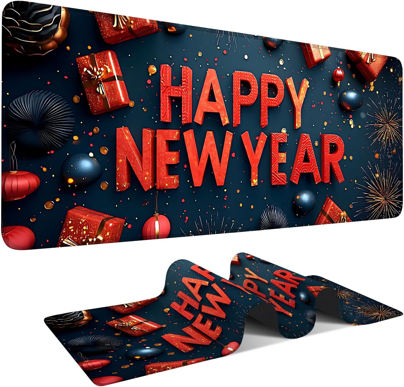Happy New Year Gaming Mouse Pad 31.5"x11.8"Desk Mat Anti-Slip Rubber Base & Durable Stitched Edges for Gamers Smooth Mouse Writing Surface for Desk Office/Home
