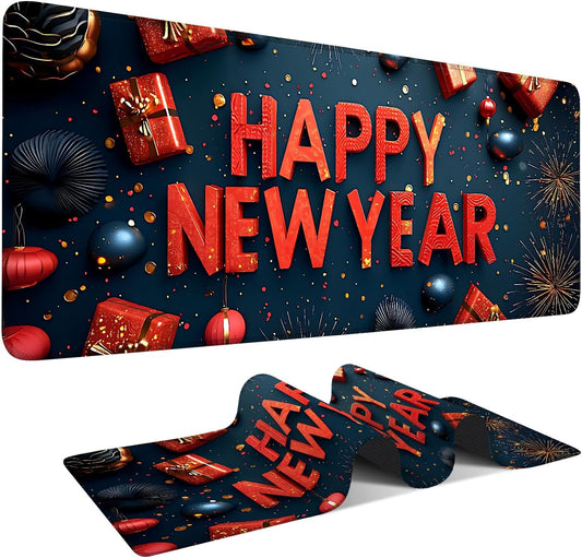 Happy New Year Gaming Mouse Pad 31.5"x11.8"Desk Mat Anti-Slip Rubber Base & Durable Stitched Edges for Gamers Smooth Mouse Writing Surface for Desk Office/Home
