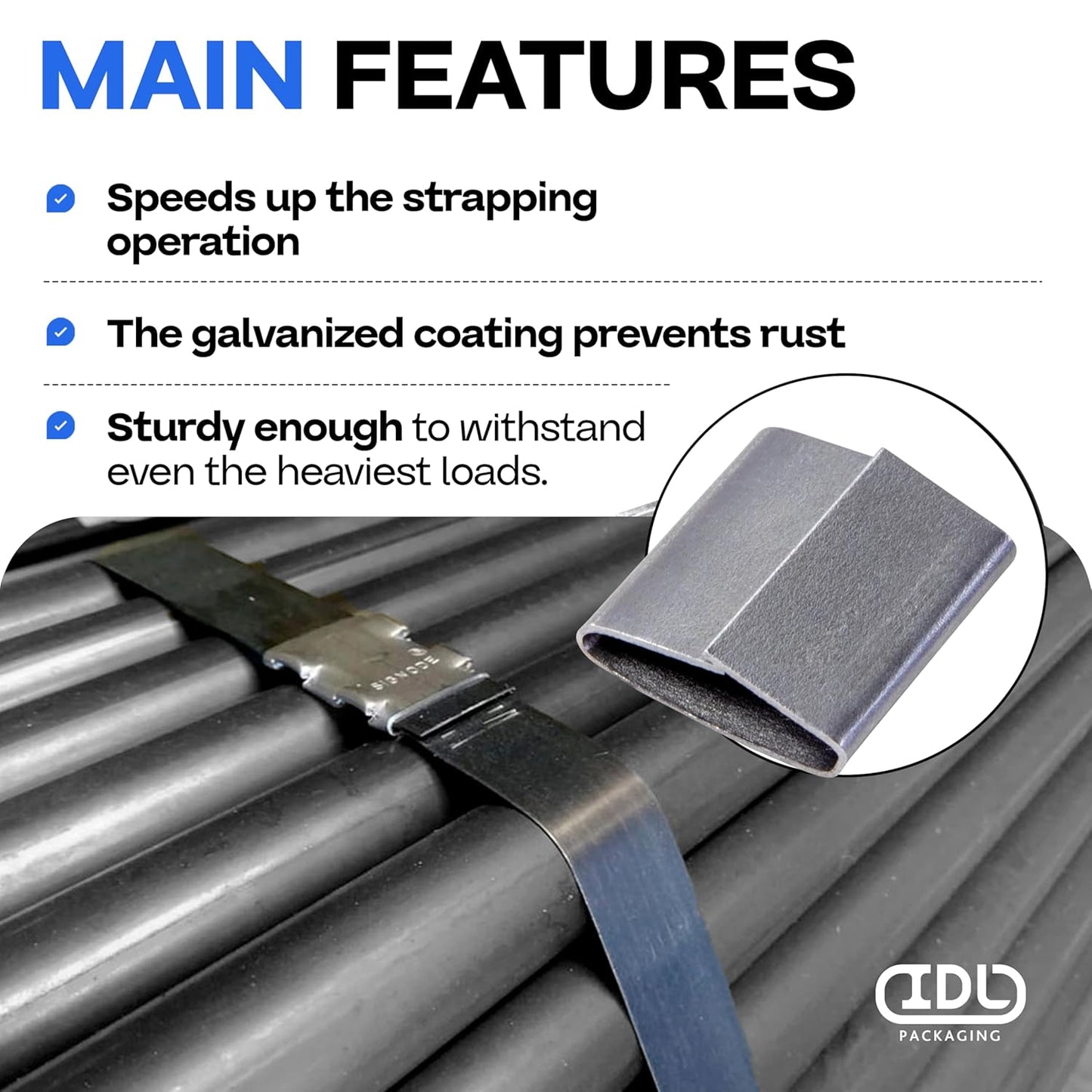 IDL Packaging 5/8" Closed (Push Type) Seals for Steel Strapping, Pack of 250 - USA-Made Sturdy Metal Clips for Securing Heavy Packaging & Pallet Banding - Superior Holding Power for Steel Banding Jobs