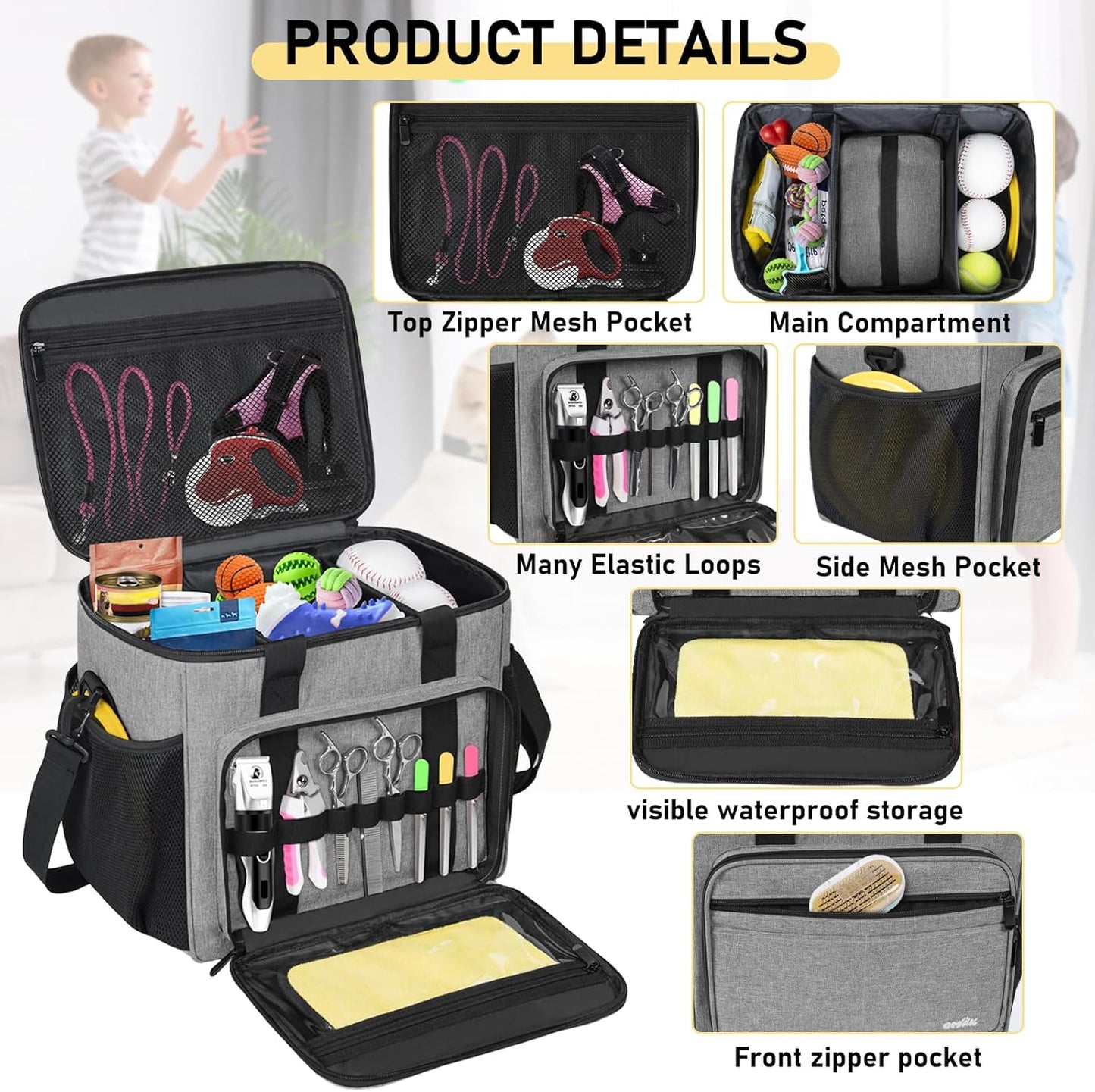 GMAK Pet Grooming Bag, Dog Grooming Tote Bags Supplies Organizer Case Pets Tools Organizer Tote for Dog Cat Grooming Tool Kit, Clippers, Scissors and Accessories, Grey(Bag Only)