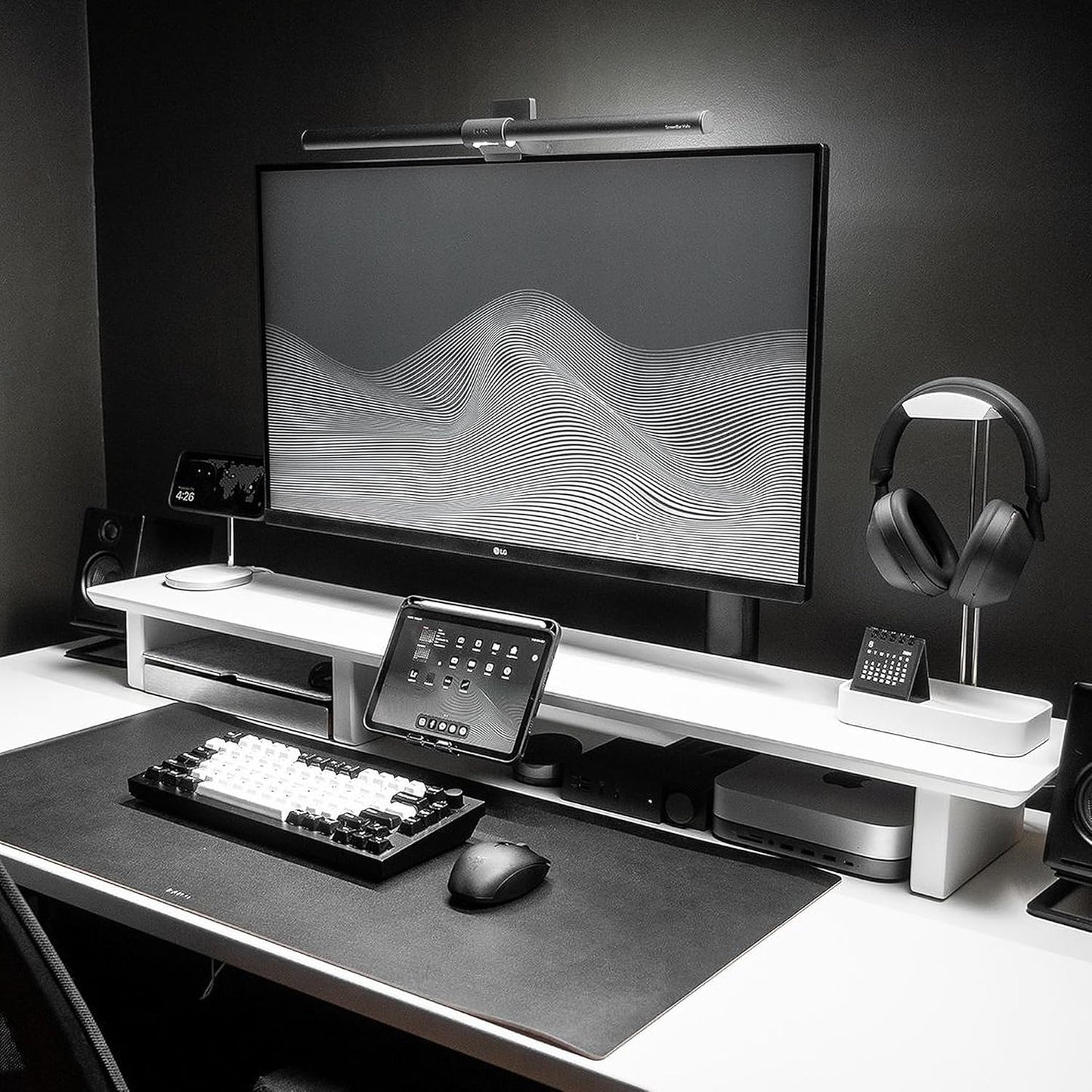 Raico Desk Cockpit Shelf Monitor Stand System Dual Screen Setup Wood Large Desk Accessory Organizer Unit (Matte White, Full Length v2 | 45.7 Inches)