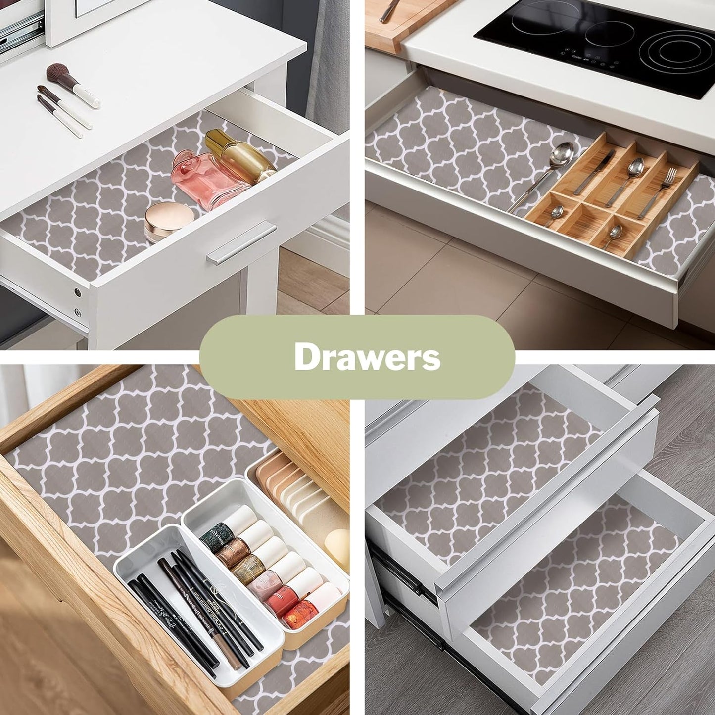 Drawer and Shelf Liner for Kitchen Cabinet: 12 in X 20 Ft Non Slip Waterproof Shelf Paper Non Adhesive Refrigerator Liners Gray Quatrefoil Easy Liners for Bathroom Cupboard with Knife Tape Measure
