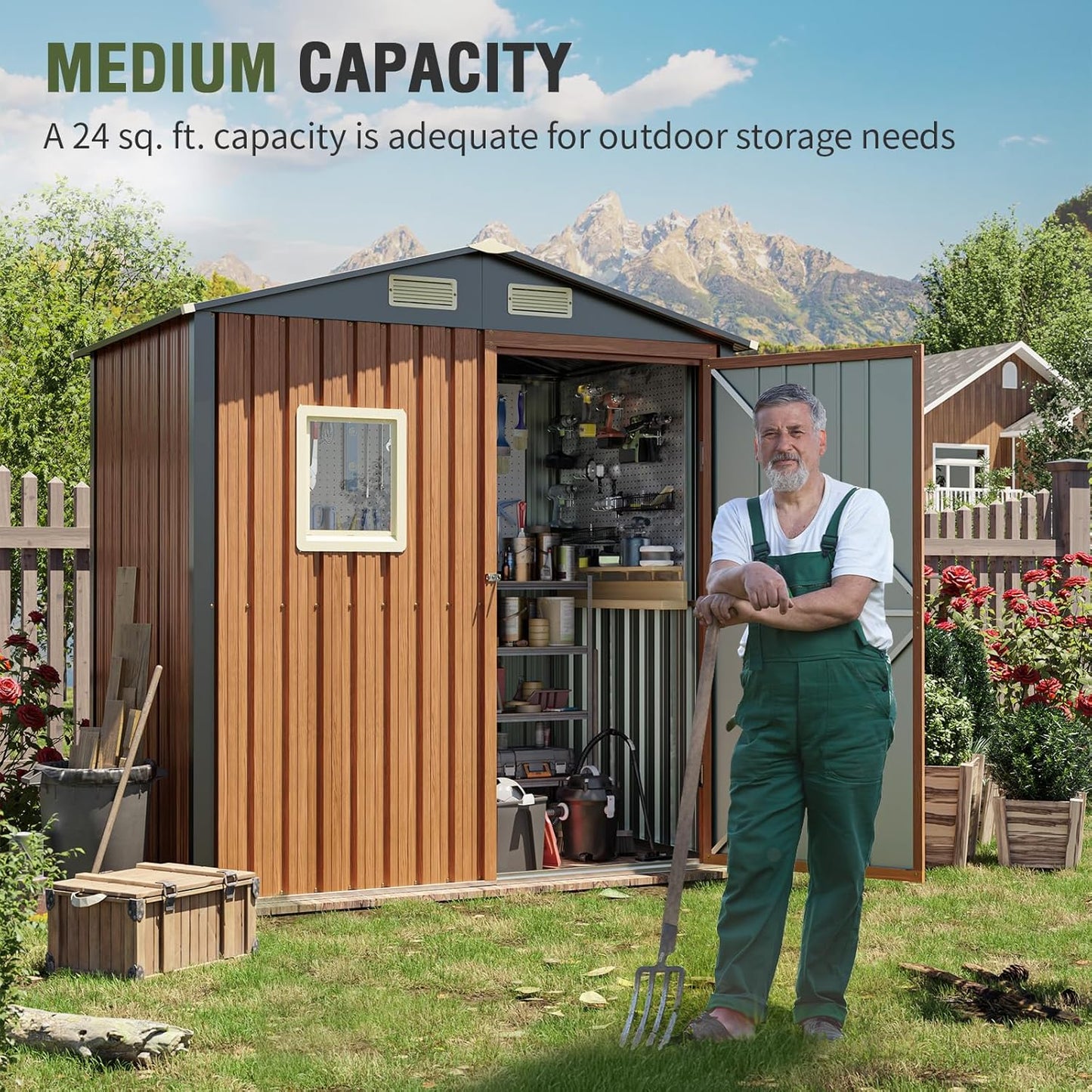 6x4 Ft Outdoor Metal Shed, Storage Garden Shed with Triple Lockable Doors & Vent, Multi-Used Shed for Backyard, Patio, Lawn and Tool & Bicycle Storage