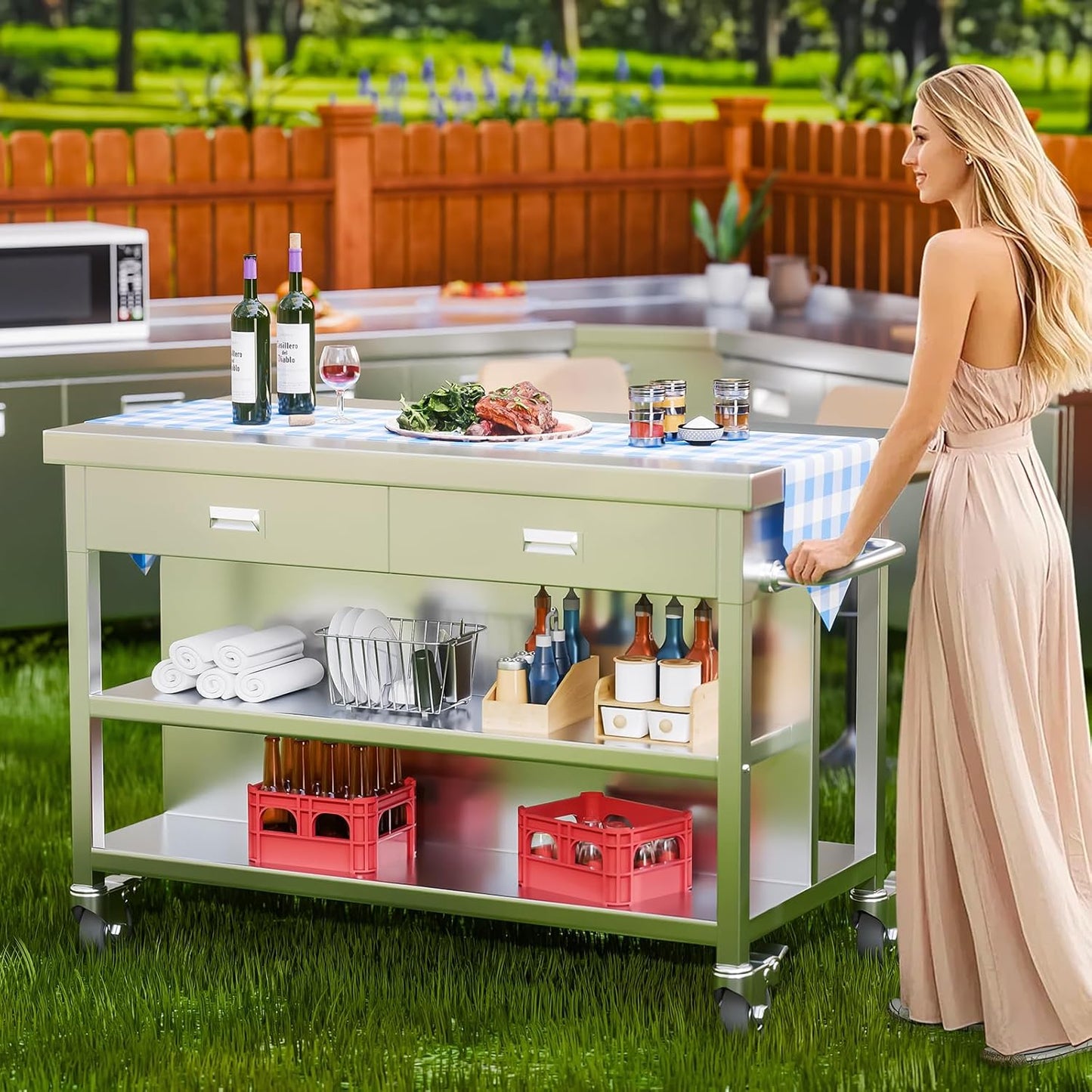 Stainless Steel Kitchen Island with Storage, Rolling Kitchen Island Cart on Wheels with 2 Drawers, Industrial Kitchen Cart, Commercial Portable Island for Kitchen, Bar, Outdoor Patio, 25 x 50 x 37 in