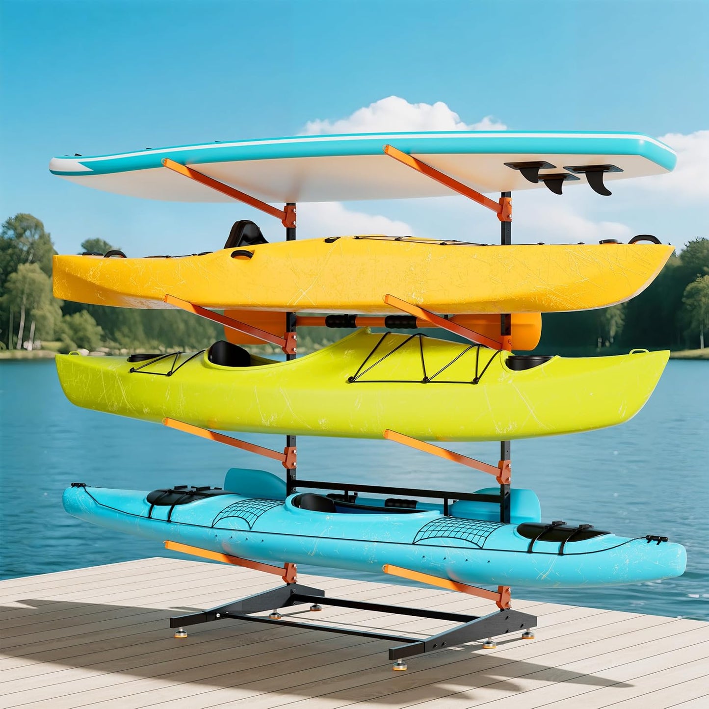 Kayak Storage Rack, Heavy-Duty Outdoor Canoe Rack, Reinforced, Thickened, and Enhanced Rust Resistance, Holds 440 lbs, for Safe Indoor and Outdoor Kayak Storage(4-Tier, Orange)