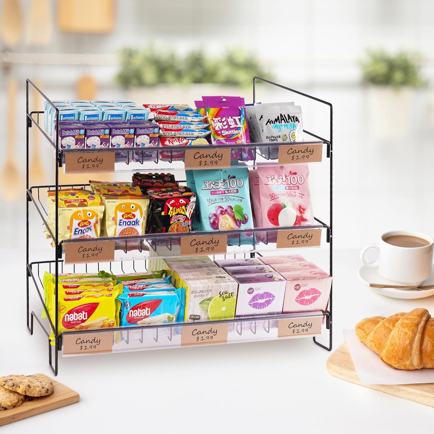 WWN Black 3-Tier Candy Display Rack 24 * 23 * 14inch Versatile Chip and Snack Stand for Countertop Retail, Concession Stands, and Supermarkets