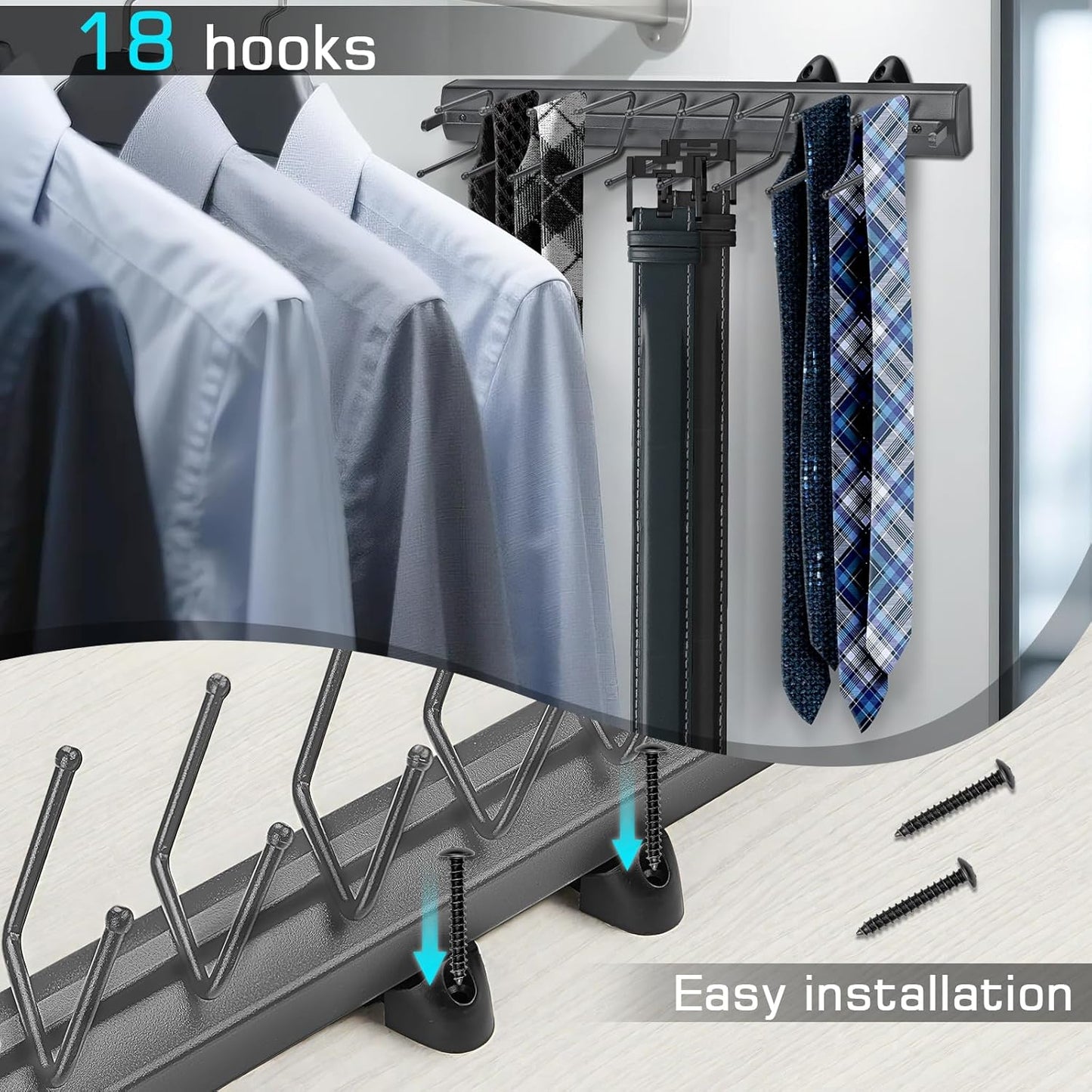 Sliding Tie Racks, 18 Tie Hanger Pull Out Belt Rack 16.5'' Aluminum Alloy Extendable Wardrobe Closet Organizer with 18 Hooks for Belts, Ties, and Scarves, 16.5'' x 3.15''(Sprayed Grey)