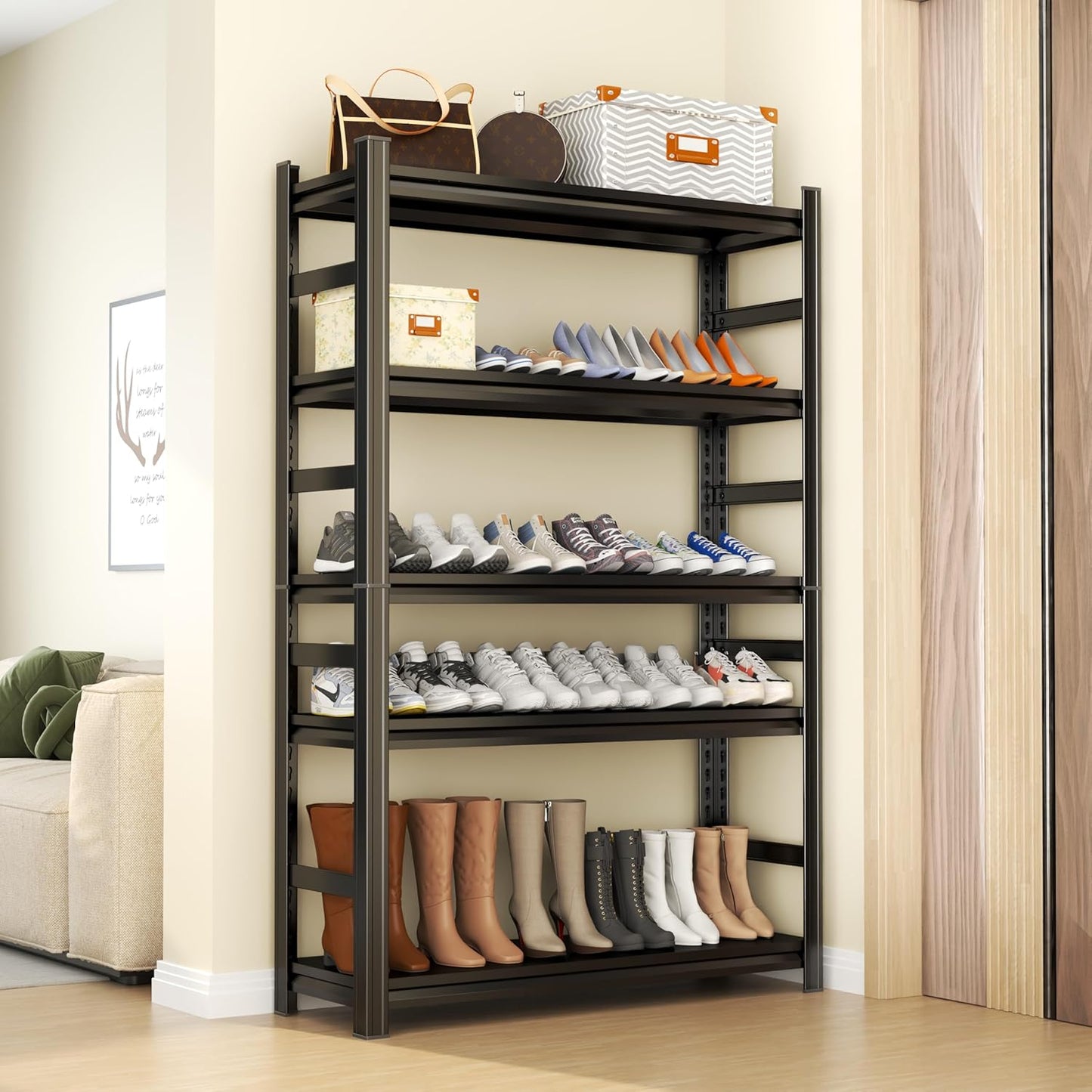 Storage Shelves, Garage Metal Shelving Unit, Adjustable, Double-Layer Column with Reinforced Ribs, Heavy-Duty, Capable of Bearing 600-3600 lbs (Black, 45''W*16''D*63''H, 5-Tier)