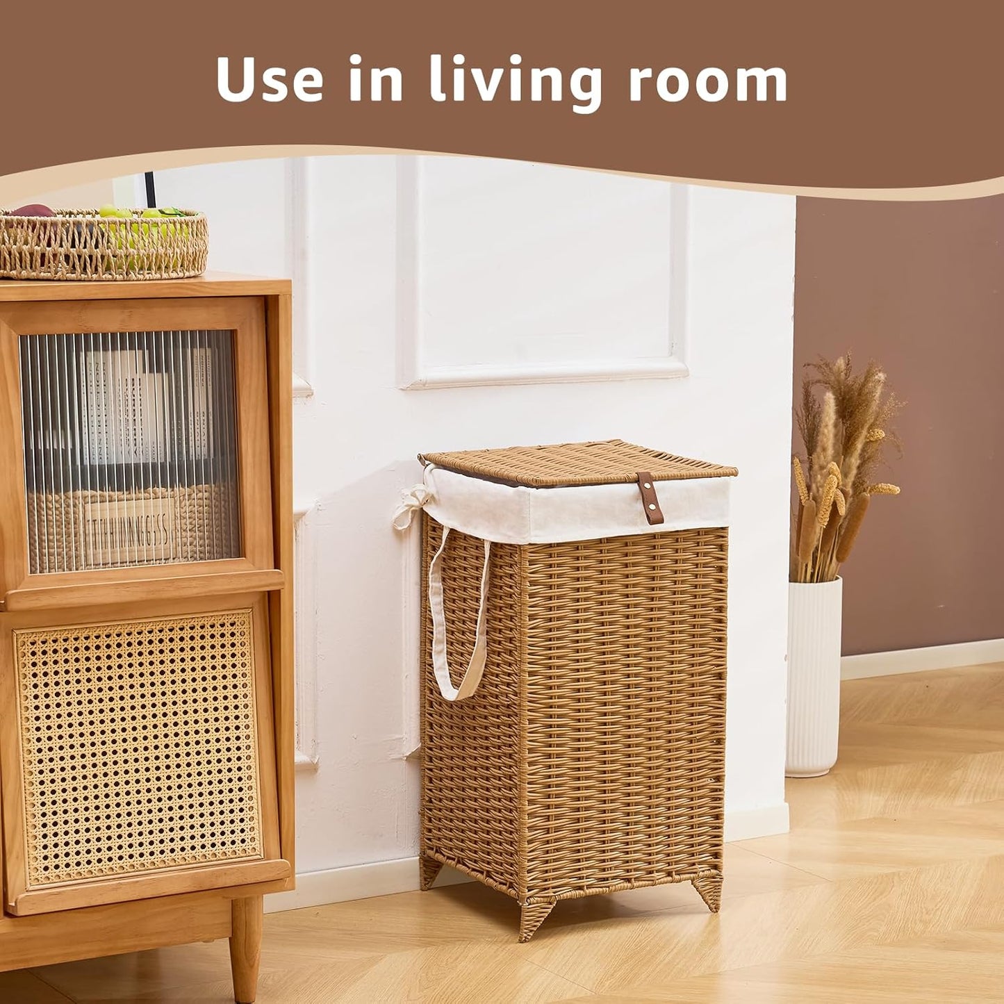 Laundry Hamper with Lid and Removable Liner Bag, Handwoven Rattan Clothes Hamper with Heightened Feet, Wicker Laundry Basket for Clothes and Towels，Small