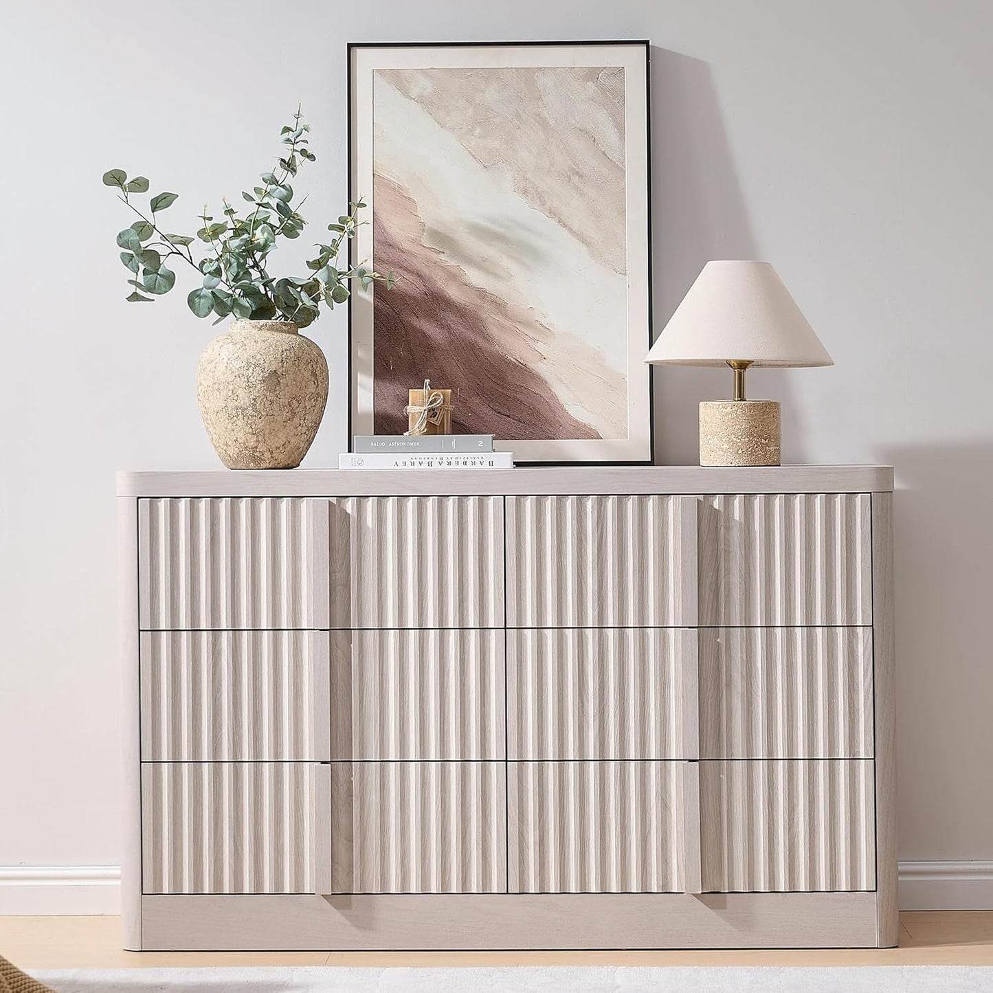 Fluted Dresser for Bedroom, 47" Wide 6 Drawer Dresser, Modern TV Stand Set, Curved Profile Design, Chest of Drawers with Solid Wood Handle for Living Room, Bedroom, Hallway