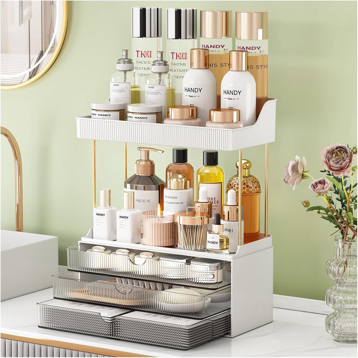 Strong 3 Drawers Bathroom Counter Organizer, 5 Tier Makeup Organizer, Versatile Perfume Organizer, Ideal for Bathroom Storage, Vanity, Large Skincare, Perfume, Present, Grey