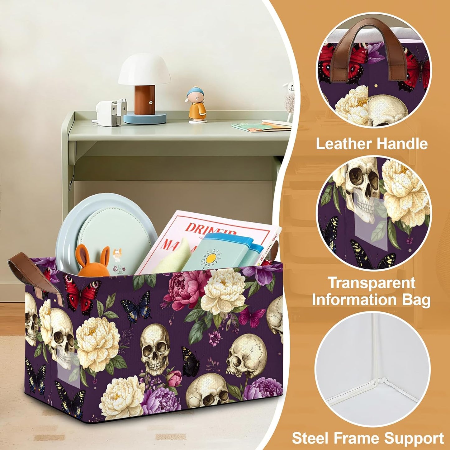 Purple Flower Skeleton Storage Bins with Handles, Collapsible Storage for Clothes, Gift Basket, Blankets & Closet Organization