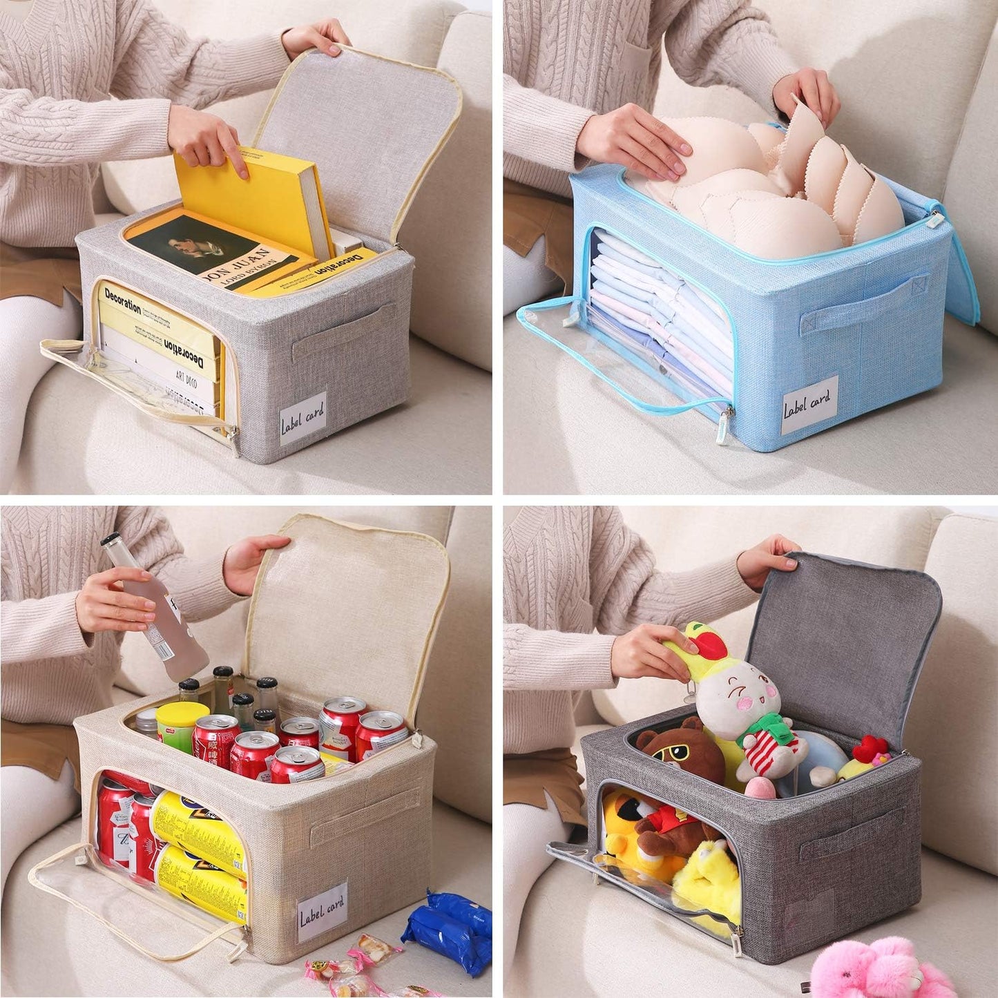 CYhom 3Pack Foldable Storage Bins - Frame Storage Box Linen Fabric Stackable Clothes Container Organizer with Clear Window & Carry Handles Large Capacity (Small-22L, Light Grey)