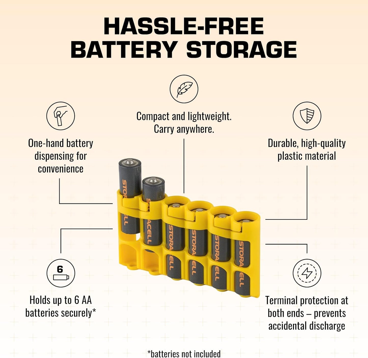 Storacell Slimline AA-6 Battery Storage Caddy and Dispenser (Pack of 2), Yellow, Holds 6 AA Batteries (Not Included), Durable & Compact Design, The Original Battery Caddy, Made in The USA