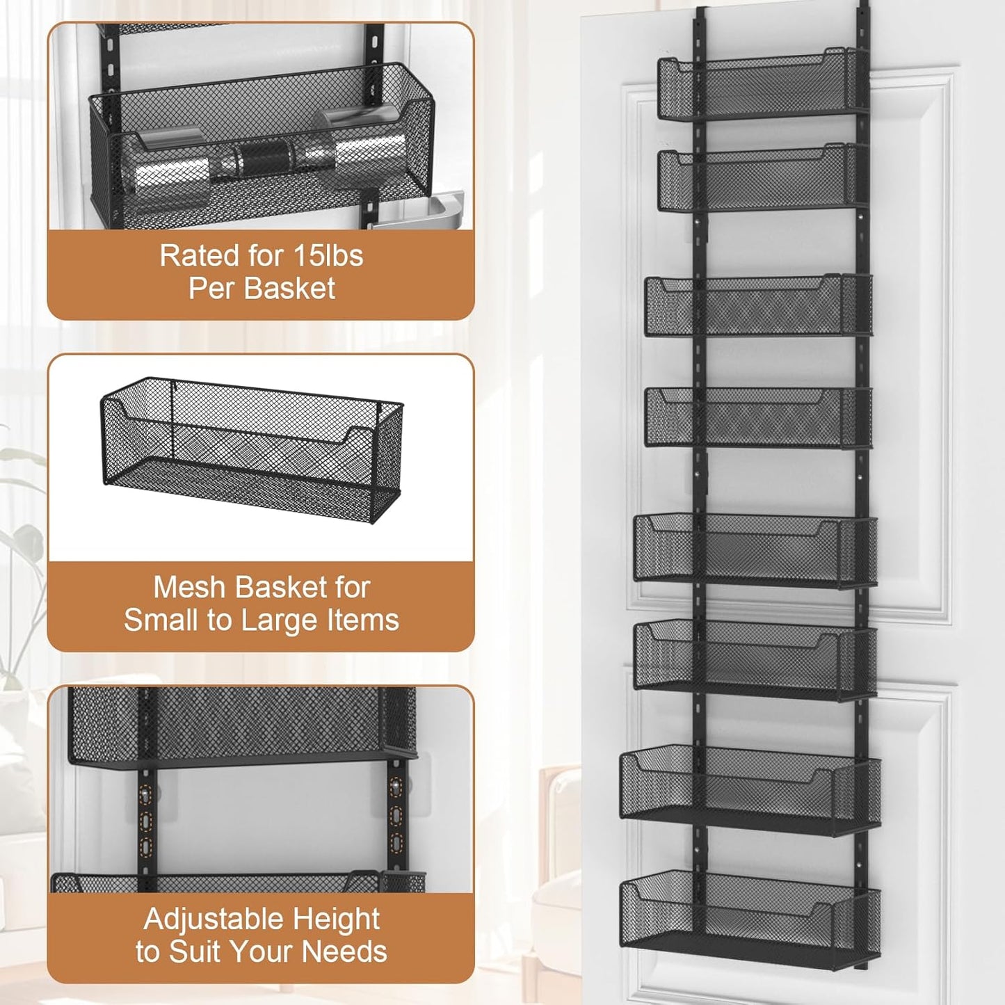 Over The Door Organizer, 8-tier Metal Door Organizer Hanging with Adjustable Baskets, Behind The Door Storage for Bedroom Closet Bathroom Pantry Cabinet Kitchen, Black
