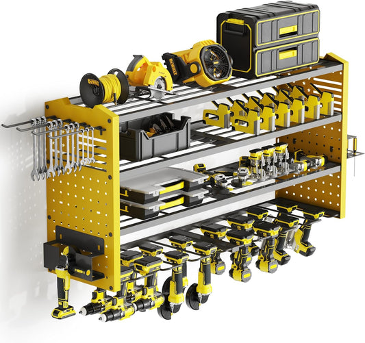 Tomorotec 4-Layer Wall-Mounted Power Tool Storage Rack, Heavy-Duty Steel Drill Organizer with Adjustable Shelves & Side Hooks for Toolbox, Easy Installation Garage & Workshop Storage (Yellow)