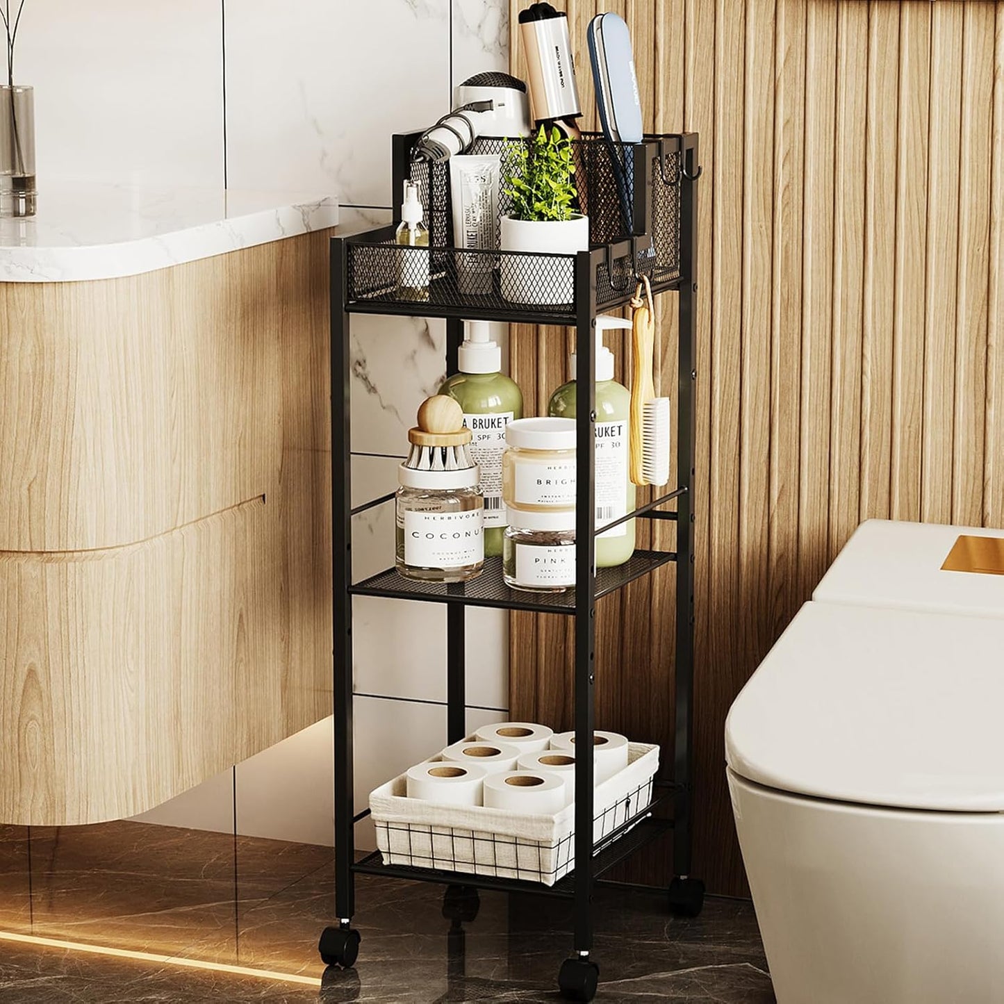 VITVITI Metal Hair Tool Organizer Shelf for Bathroom, 3 Tiers Hair Product Organizer Cart Floor Stand, Curling Irons Straighteners Storage Makeup for Vanity (Black Color)
