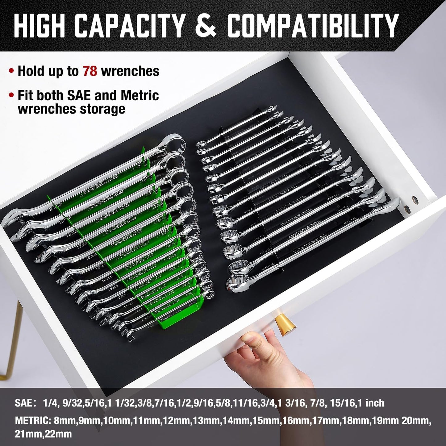 ALOANES 78-Slot Metal Wrench Organizer, Heavy Duty Wrench Organizer Tray for Tool Box, Fit SAE & Metric Wrench Storage, 6 Pack Wrench Holders(Green)