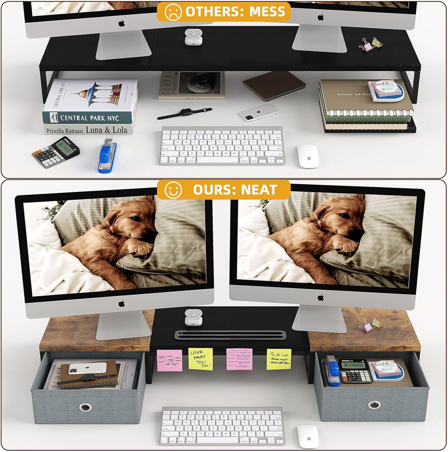 Dual Monitor Stand Riser with 2 Drawers - 39Inch Large Storage Computer Monitor Stands for 2 Monitors, Wooden Desktop Organizer Perfect for Home Office Desk, Computer, Laptop, TV