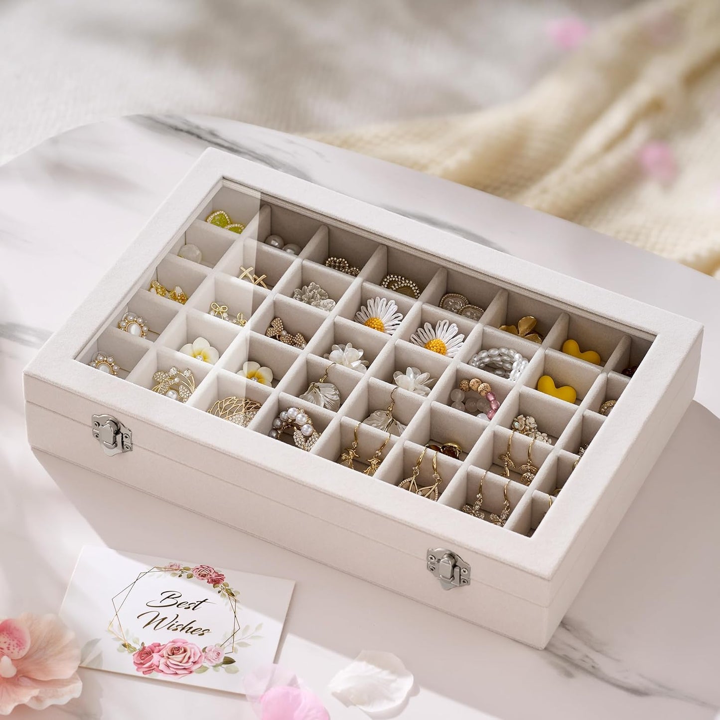 48 Grid Earring Organizer and Storage: Velvet Jewelry Tray with Lid, Jewelry Box for Studs, Earrings, Rings, Necklaces, Dresser & Vanity, Earrings Case for Girls, Women, Beige