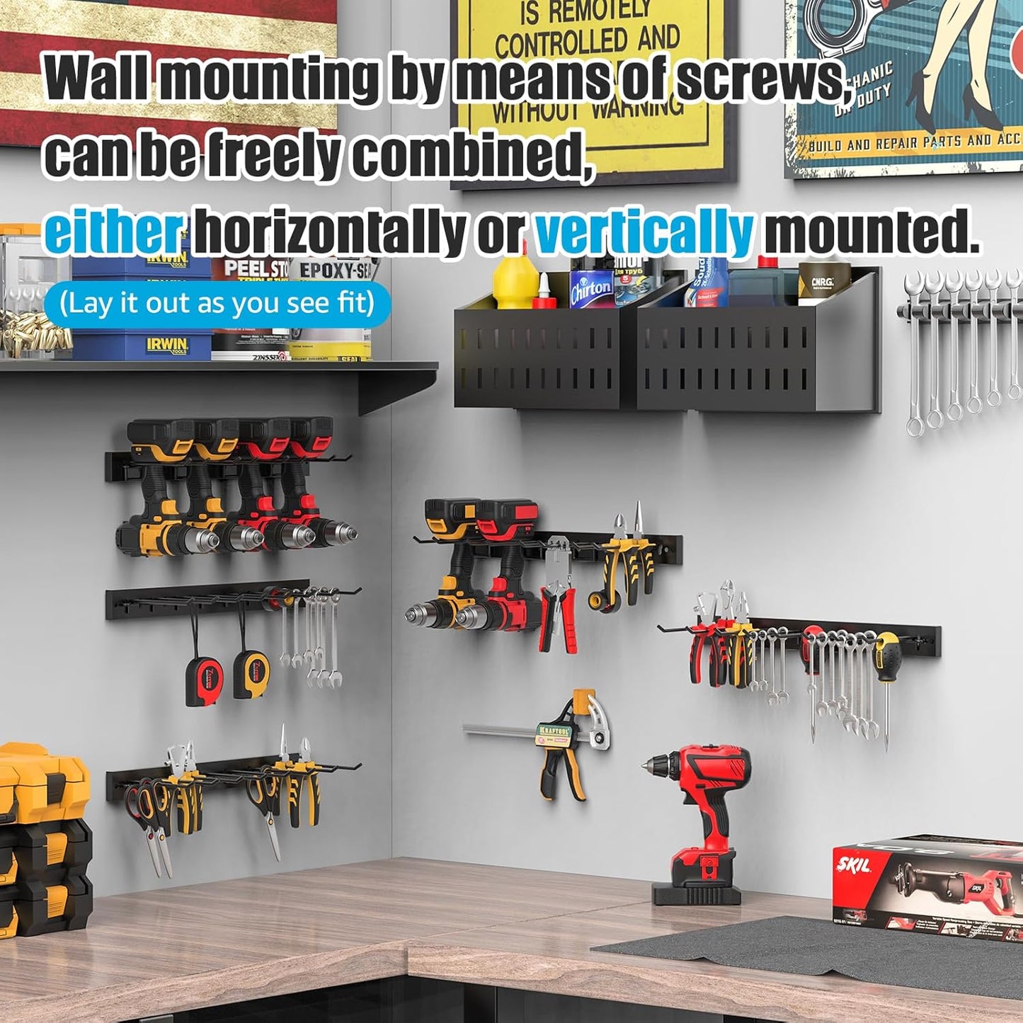 CCCEI 5 Modular Pegboard Strip Storage, Metal Peg Slat Wall Mount for Garage, Basement, Garden, Laundry Room Organization. Flexible Tool Organizer for Rake, Shovels, Crafting. Gifts for Men, Red.