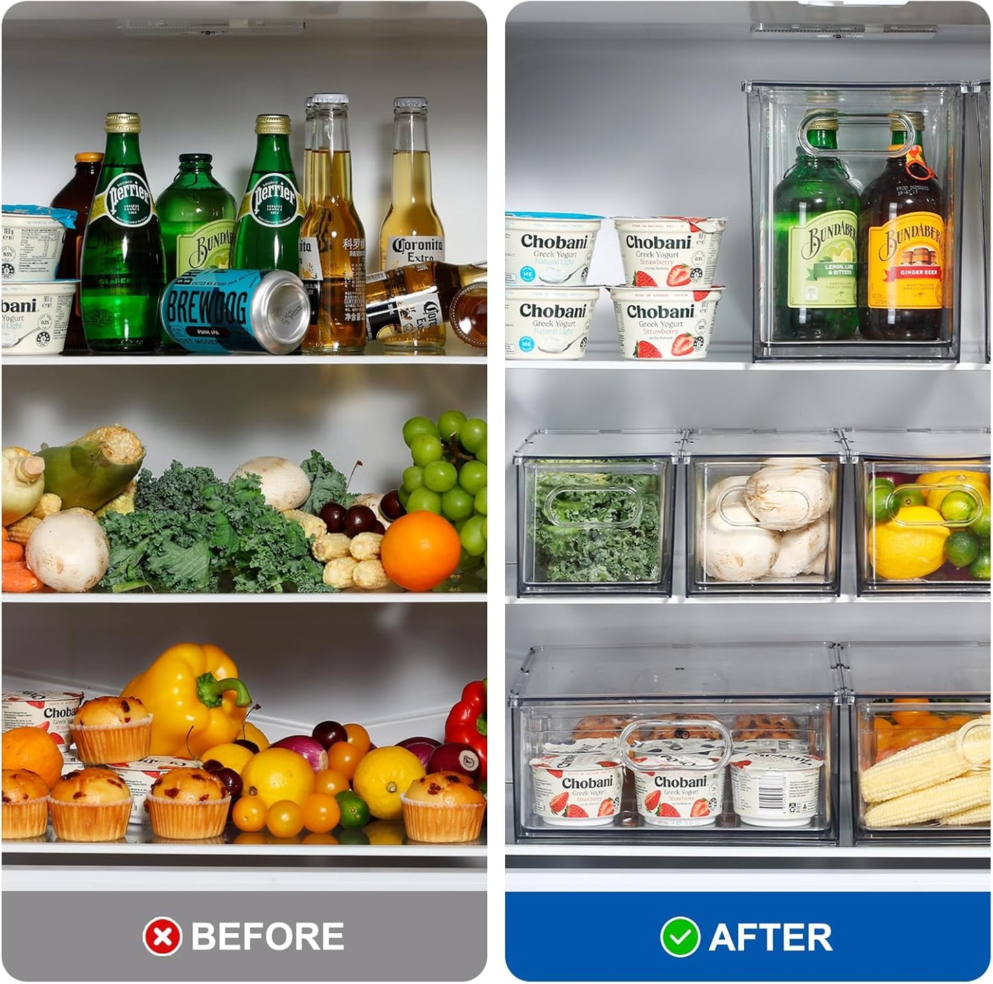 Fridge Drawer Pull Out Stackable Bins, Clear Refrigerator Stackable Organizers, Fridge Organizer Storage for Kitchen, Pantry, Vegetables, Fruits (2 Large)