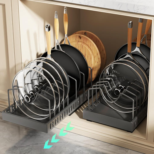 Pull Out Pots and Pans Organizer Under Cabinet, Expandable Sliding Lid Holder and Pan Rack for Kitchen, Slide Out inside Cabinet for Pot Lid, Bakeware, Dishes, 10 Adjustable Dividers, 2 Pack Black